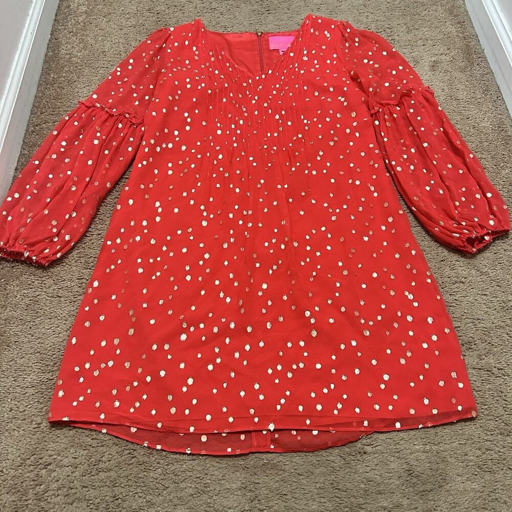 Lilly Pulitzer Cleme Silk Dress Ruby Red Gold Metallic Dots Size 2